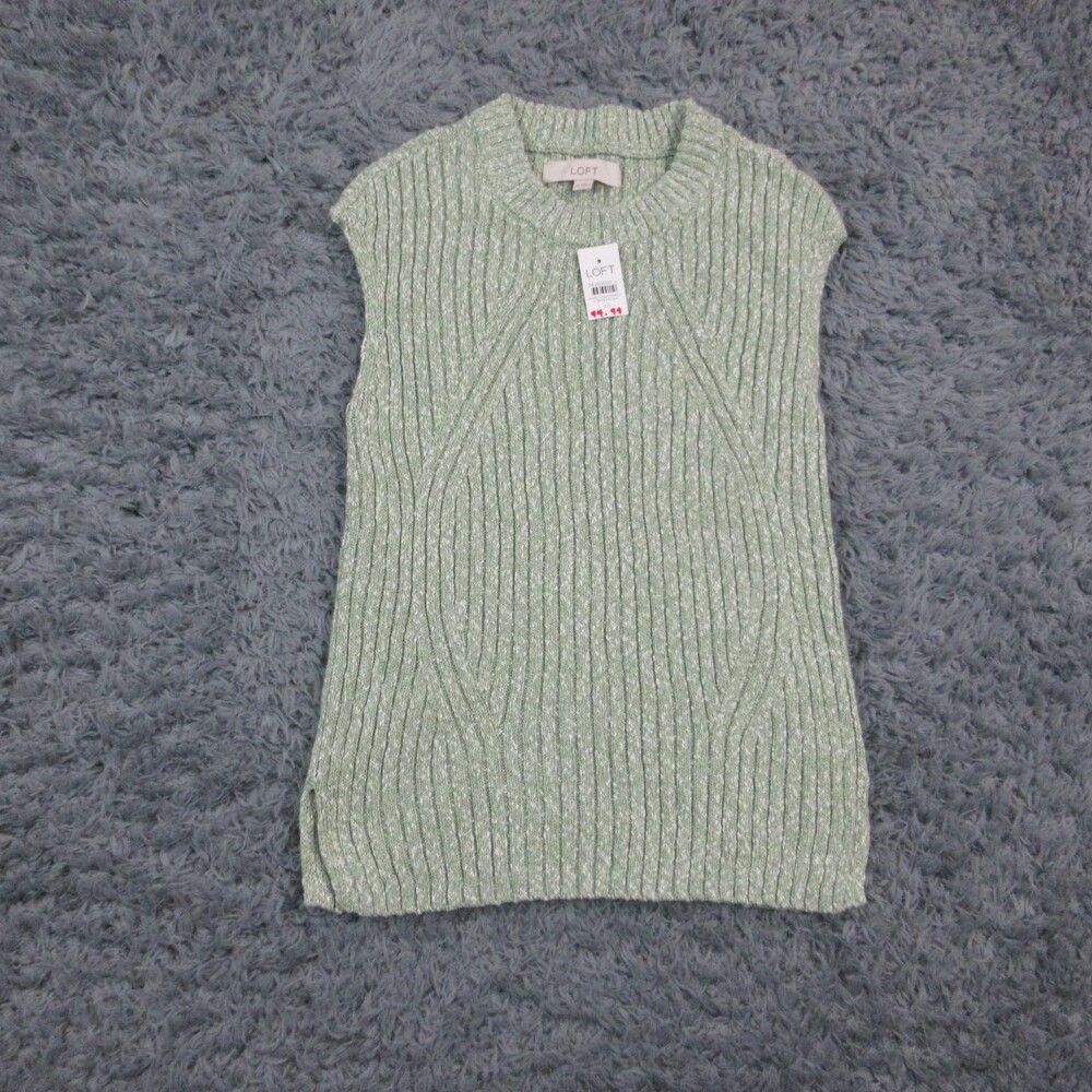 LOFT Sweater Vest Womens XS Green Chunky Ribbed Knit Sleeveless Crewneck NWT